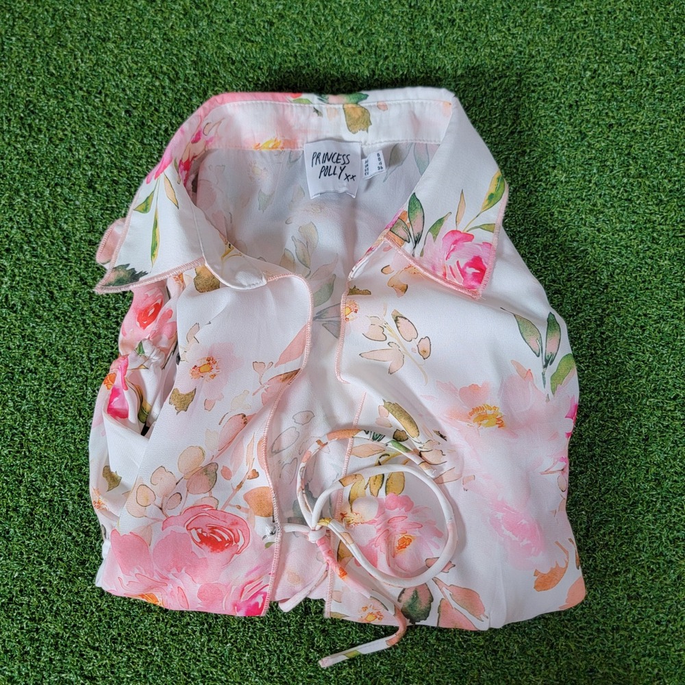 Princess Polly Floral Blouse‎ Long Sleeve Tie Front Crop Top White Size 4